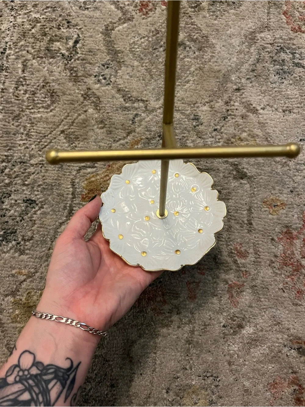 Gold Metal and White Ceramic Jewelry T-Bar Stand